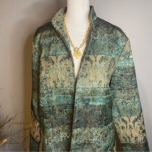 Coldwater Creek Teal and Beige Patterned Zip Jacket